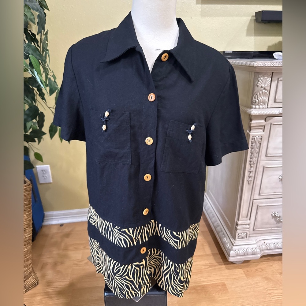 Vintage Farouche Linen Blend Safari Button Shirt Zebra Trim Size 10